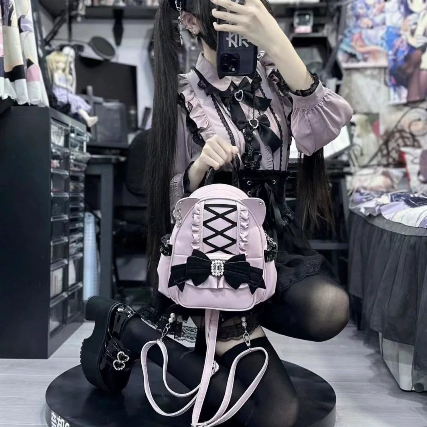 IDEWO Jirai Kei Kawaii Bag Gothic Cute Bag Mini Leather Backpack Fashion Small Daypacks Purse for Women Cutecore (Pink)