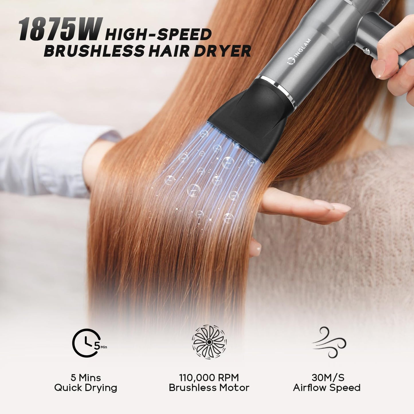 Blow Dryer with Diffuser, IG INGLAM Professional Hair Dryer 110,000RPM Brushless Motor High Speed Low Noise, 3 Heat Settings & 3 Speed & Cold