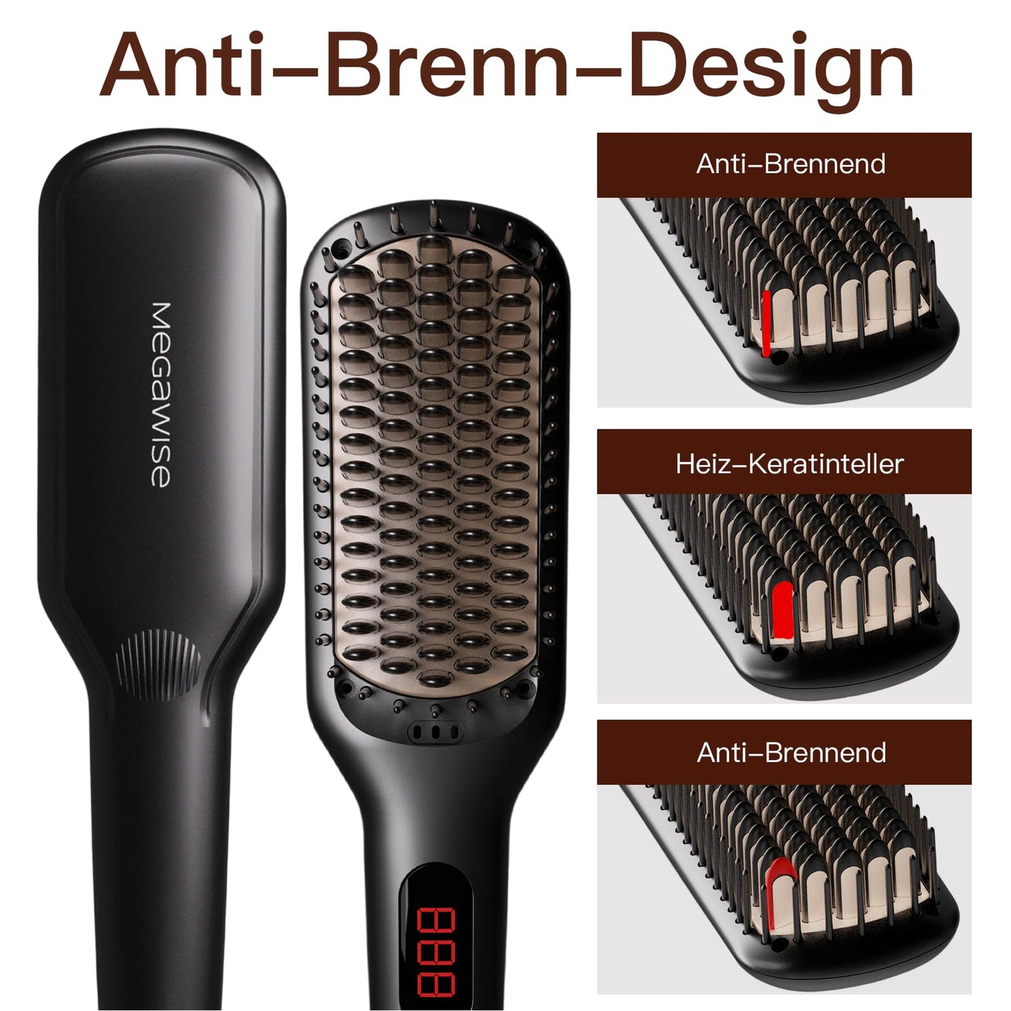 MEGAWISE Pro Ceramic Ionic Hair Straightener Brush for Home Salon, Straightening Hair Brush with 20s Heating Tech, Auto-Off, Anti-Scald with Universal