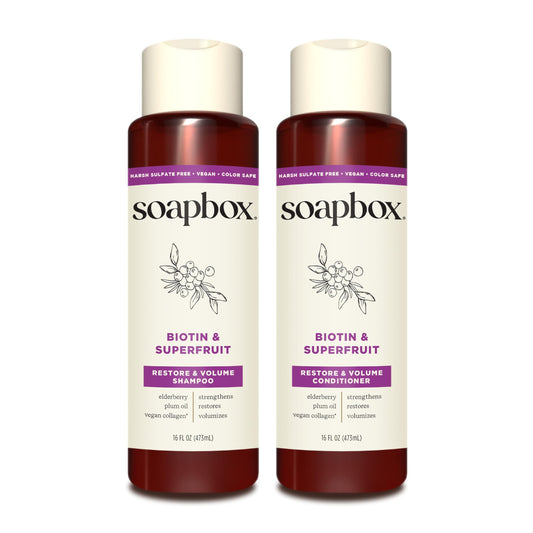 Soapbox Biotin & Super Fruit Shampoo & Conditioner Set, Leaves Hair Volumized & Strengthened - Clean Ingredients Free of Harsh Chemicals, Sulfates
