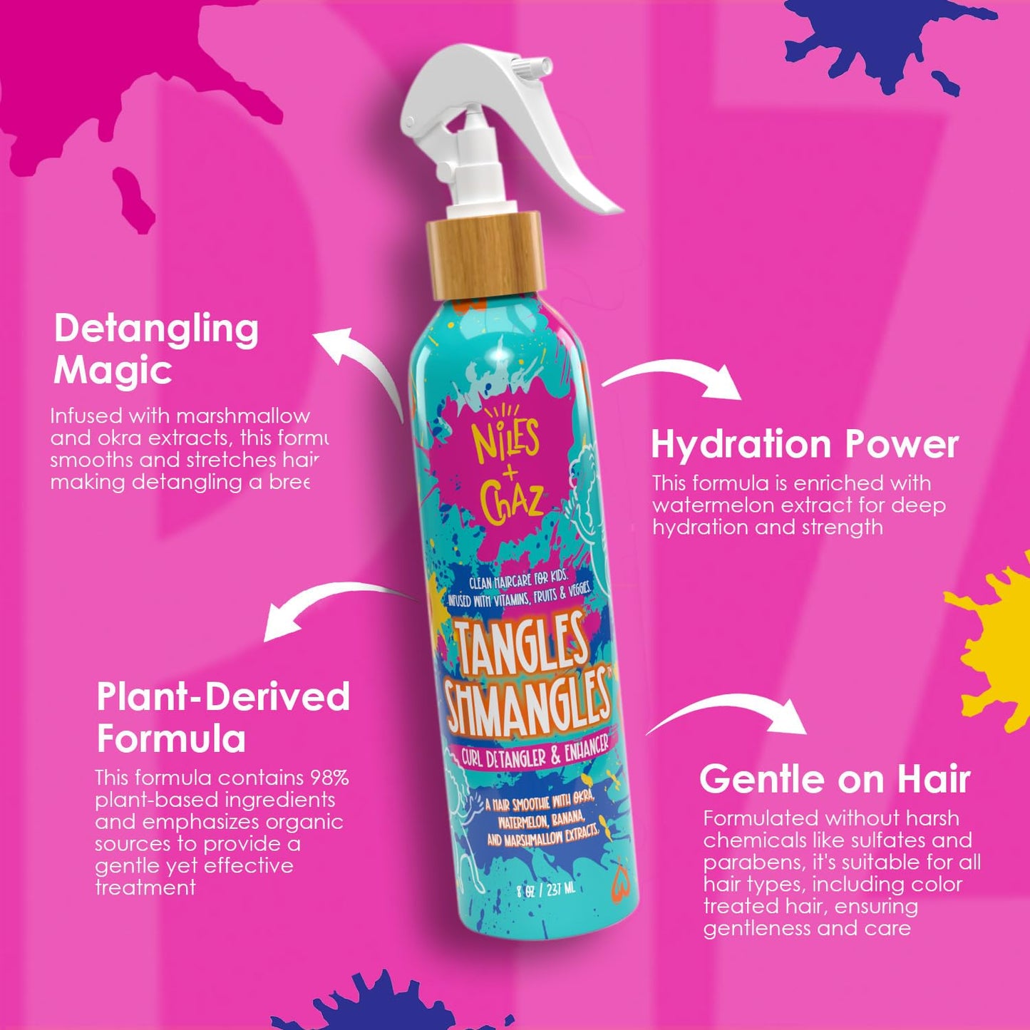 Niles + Chaz Tangles Shmangles Curly Hair Detangler Spray for Kids; Curl Enhancer, Hydrating Leave in Conditioner for Curly Hair Kids - Define Curls