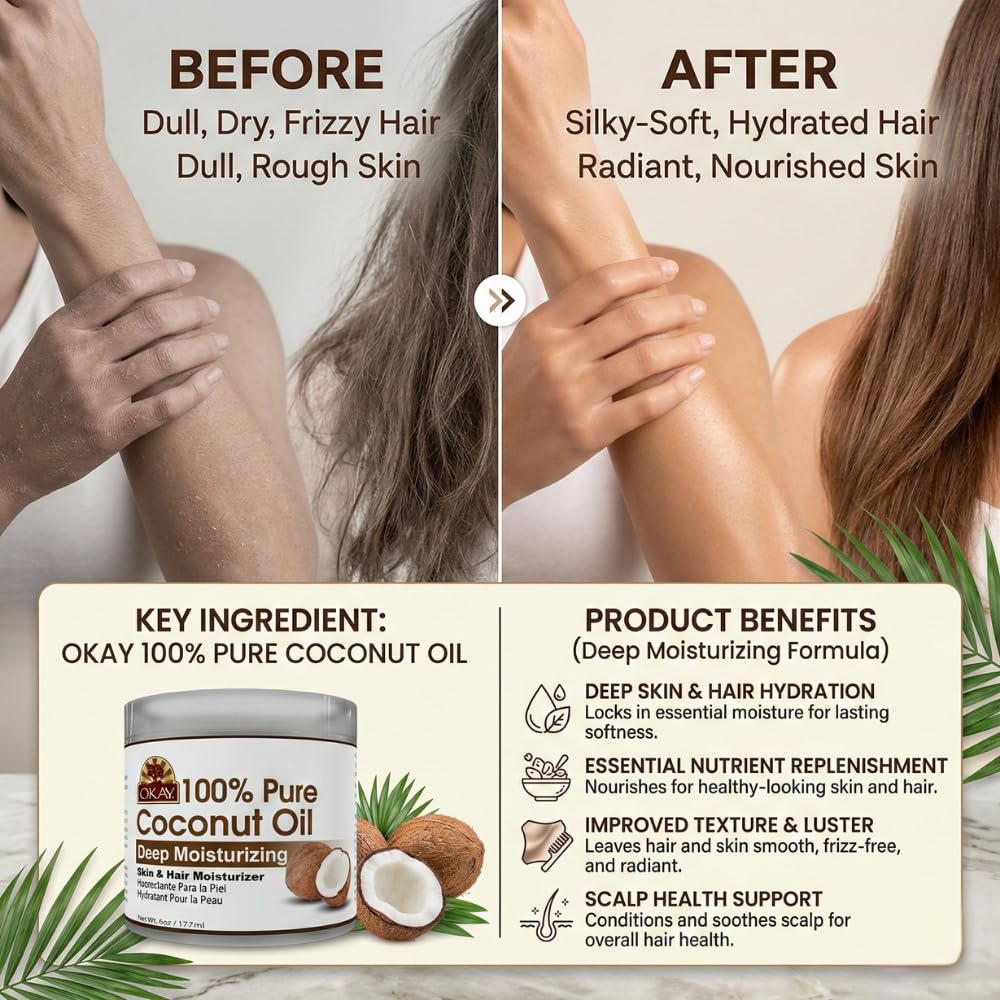OKAY 100% Pure Coconut Oil for Hair & Skin - Coconut Oil for Women & Men, Perfect for Hair & body, Natural Massage Oil & Moisturizer - 6 fl oz Jar