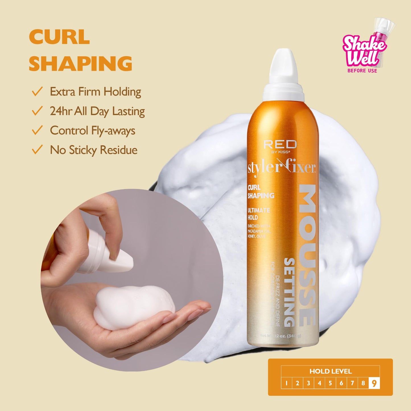 Red by Kiss Setting Mousse Braid Frizz Control, Curl Definition, Shine, Maximize Volume, Ultimate Hold, Long Lasting, Non Sticky Creamy Foam Style
