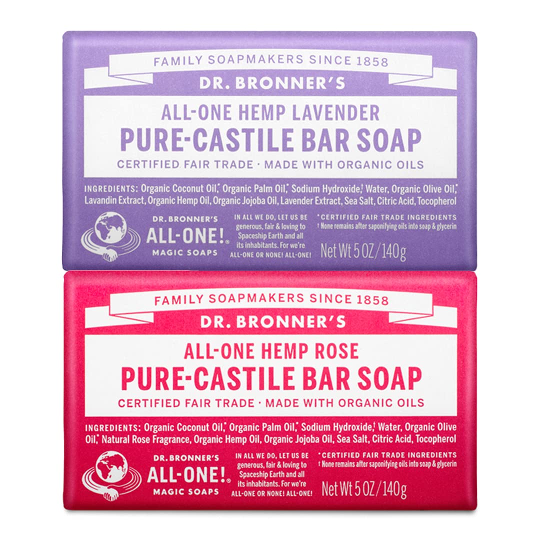 Dr. Bronner's - Pure-Castile Bar Soap (2-Pack Bundle, Rose & Lavender) - Made with Organic Oils, For Face, Body and Hair, Gentle and Moisturizing