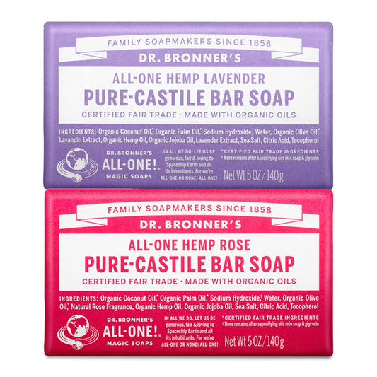 Dr. Bronner's - Pure-Castile Bar Soap (2-Pack Bundle, Rose & Lavender) - Made with Organic Oils, For Face, Body and Hair, Gentle and Moisturizing