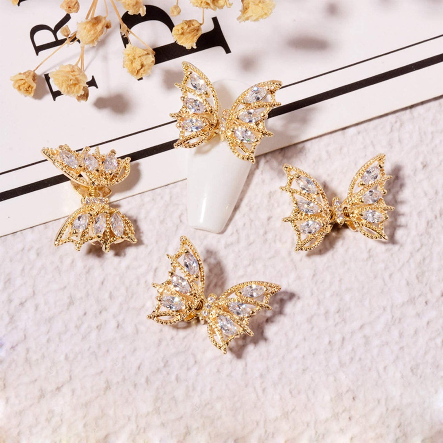 Tinsow 4 Pcs Nail Diamond Metal Nail Art Butterfly Jewelry Crystal Strass Moving Wings Butterfly Nail Diamond Stones Wedding Charms Accessories (Gold)