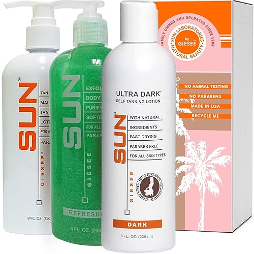 Sun Laboratories By Giesee Self Tanning Lotion, Tan Maintainer, and Exfoliant Body Gel - 3-Pack 8 Oz. Bottles, Non-Toxic Self Tanner, Ultra Dark