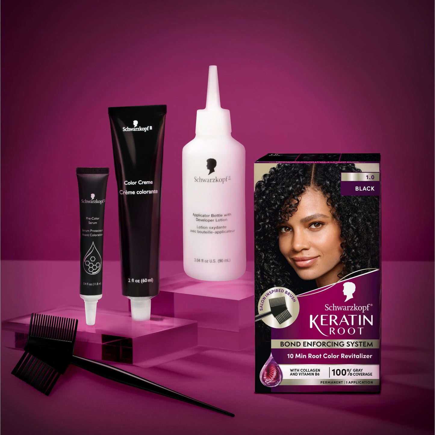 Schwarzkopf Keratin Color Root Permanent Hair Color Kit, Black, 1 Application - Salon Inspired Permanent Hair Dye, for up to 80% Less Breakage vs