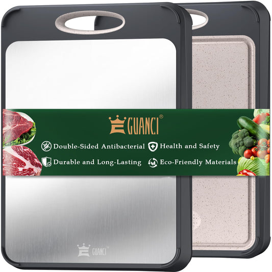 GUANCI Cutting Board for Kitchen, Stainless Steel Cutting Board Double Sided for Chopping Meat/Vegetables, Stainless Steel/Wheat Straw PP, Kitchen…