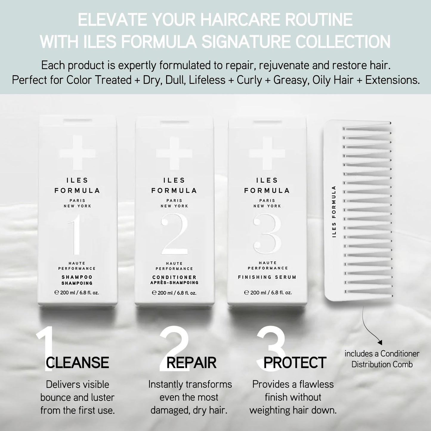 ILES FORMULA Signature Collection Deep Repair Shampoo & Conditioner w/Finishing Serum Blow Dry Cream for Dry, Damaged, Frizzy Hair - Hydrating Hair
