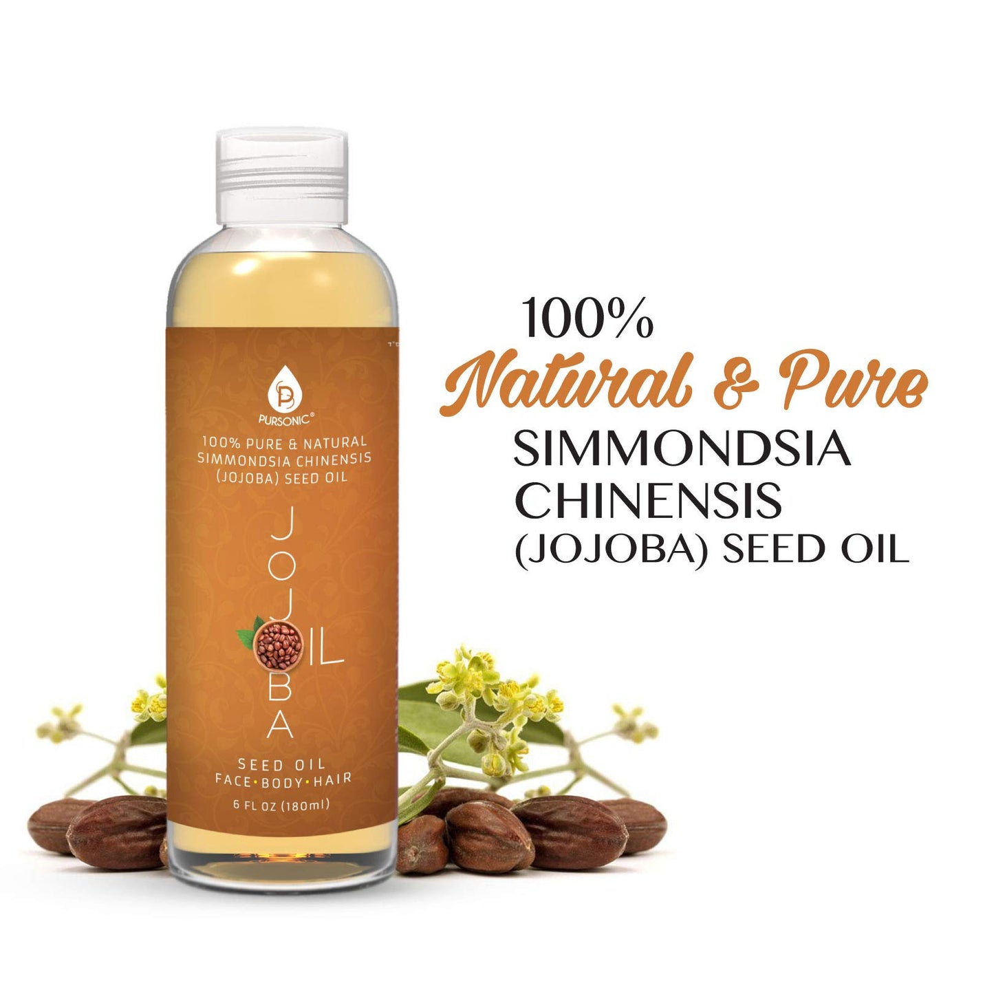 Pursonic 100% Cold Pressed Pure Golden Jojoba Oil for Dry Skin or Damaged Hair, Natural & Unrefined - Moisturizes & Revitalizes Skin, 6 Ounce, 1