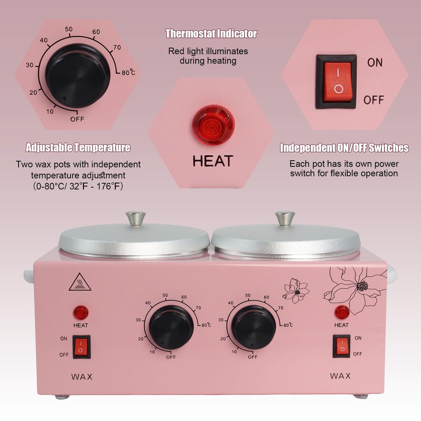 Wax Warmer Double Pot, Professional Electric Heater for Facial, Body, Spa, and Salon, 1.2L Dual Adjustable Temperature with 100 Wooden Craft Sticks Beauty and Personal Care Podoy