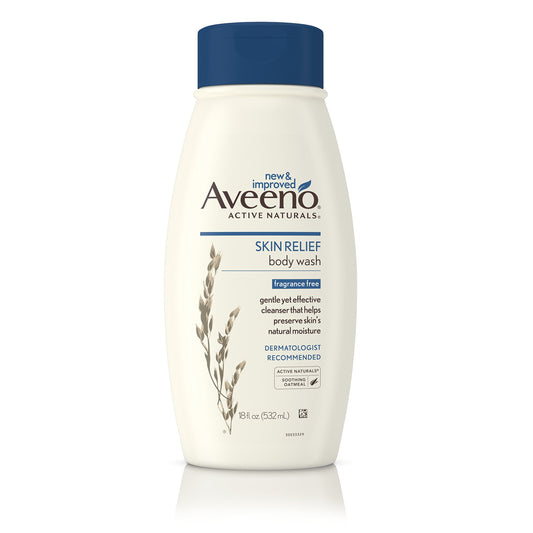 Aveeno Skin Relief Fragrance-Free Body Wash with Oat to Soothe Dry Itchy Skin, Gentle, Soap-Free & Dye-Free for Sensitive Skin, 18 fl. oz