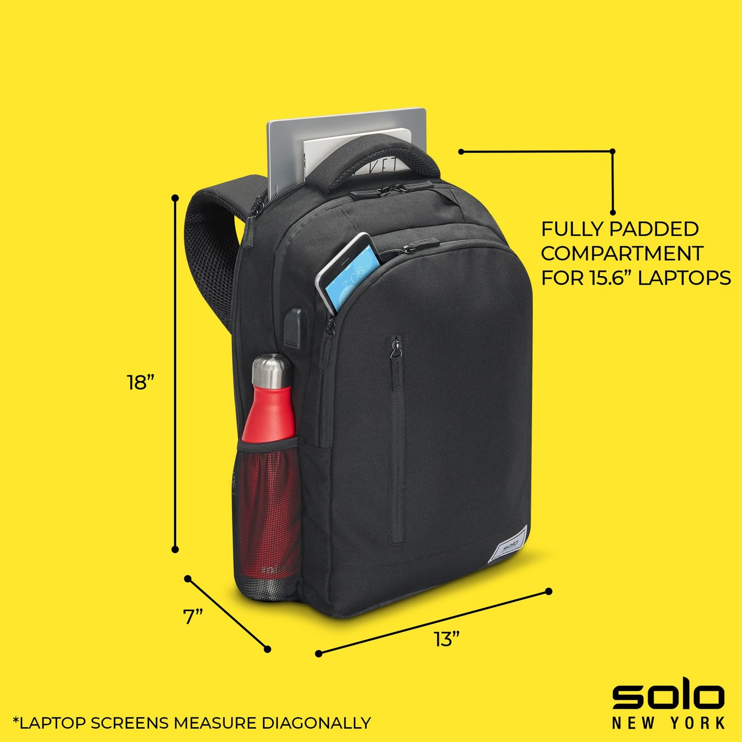 Solo New York Laptop Backpack for Women & Men -Carry On Bookbag for Travel & Work, Lightweight Bag, Side Mesh Pockets, Fits 15.6" Computer - Re:Define, Black