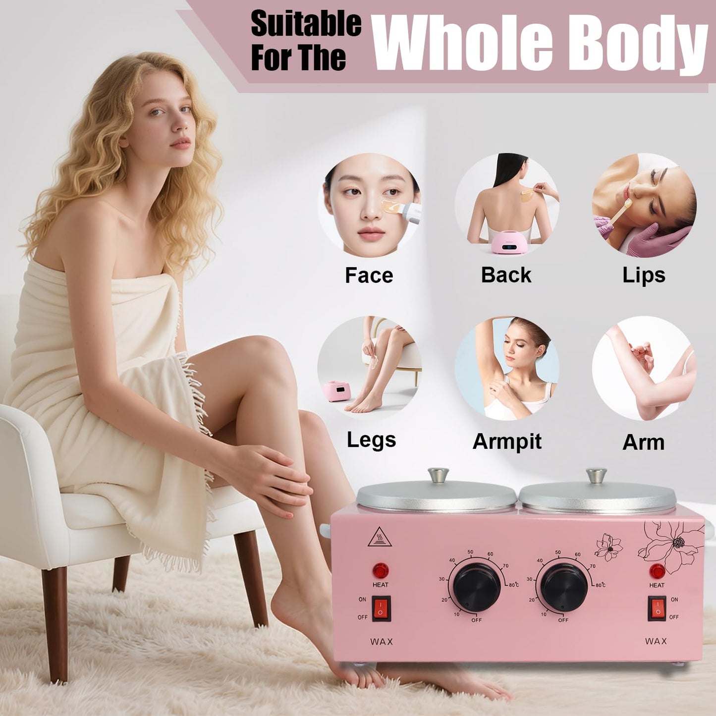Wax Warmer Double Pot, Professional Electric Heater for Facial, Body, Spa, and Salon, 1.2L Dual Adjustable Temperature with 100 Wooden Craft Sticks Beauty and Personal Care Podoy