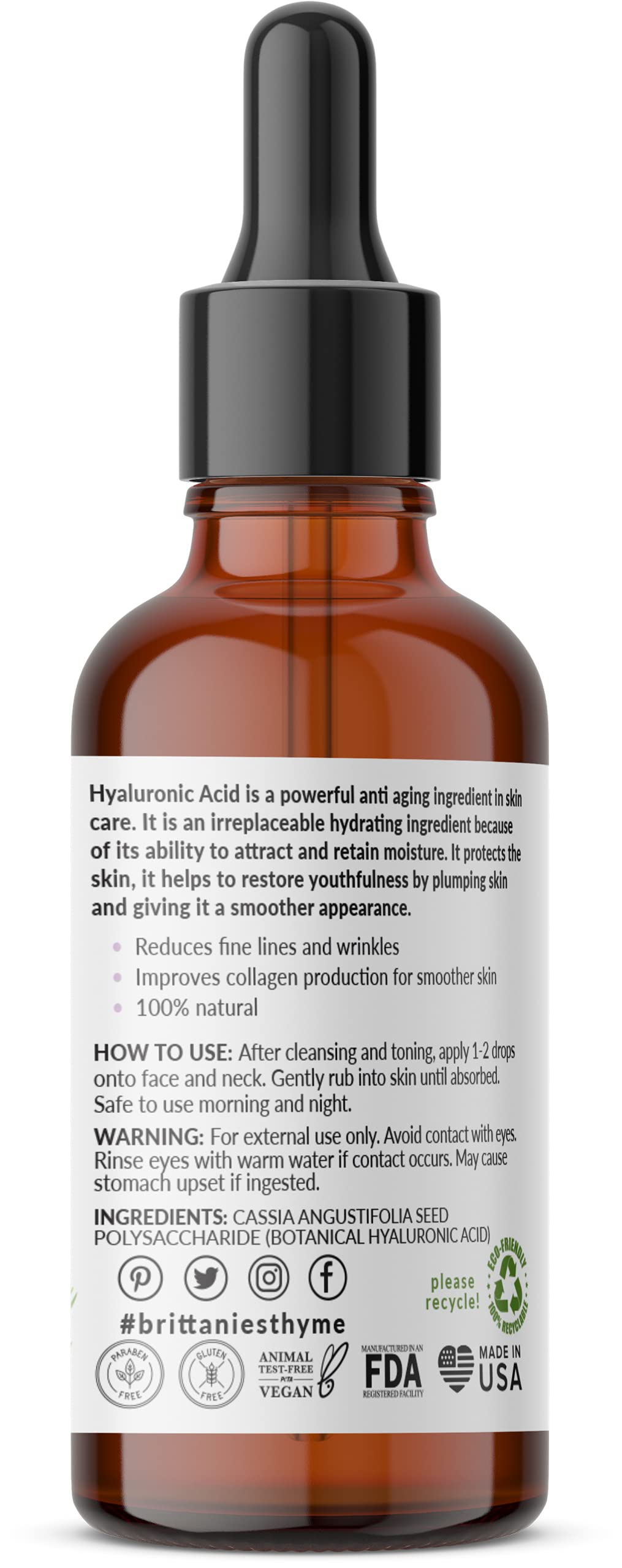 Brittanie’s Beauty Pure 100% Hyaluronic Acid Serum - Intense Hydration & Plumping Formula | Anti-Aging Serum for Fine Lines & Wrinkles | Deep Moisture
