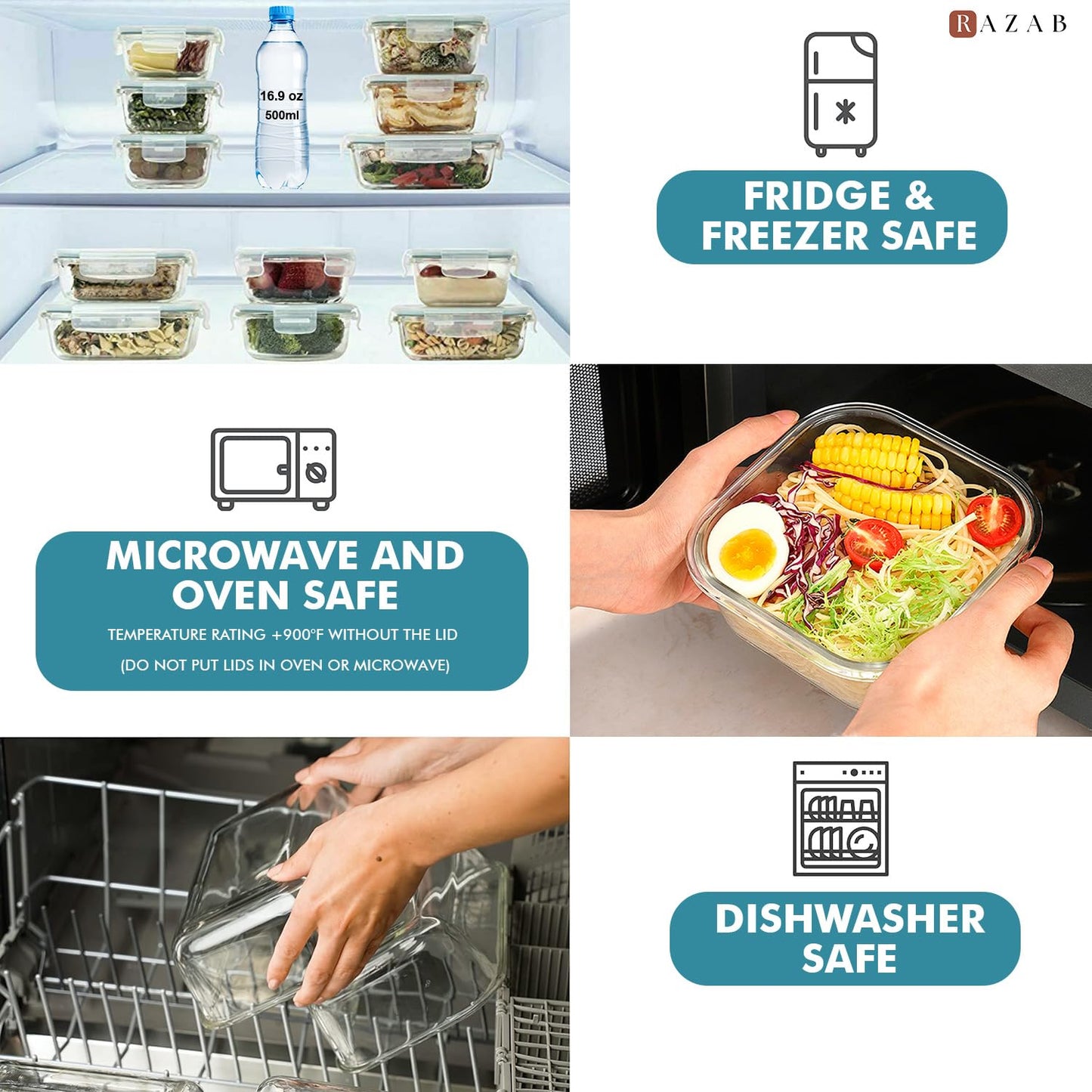 Razab 24 Pc Airtight Glass Food Storage Containers - Glass Meal Prep Containers - Freezer to Oven Safe - Steam Release Valve BPA Free - Airtight…