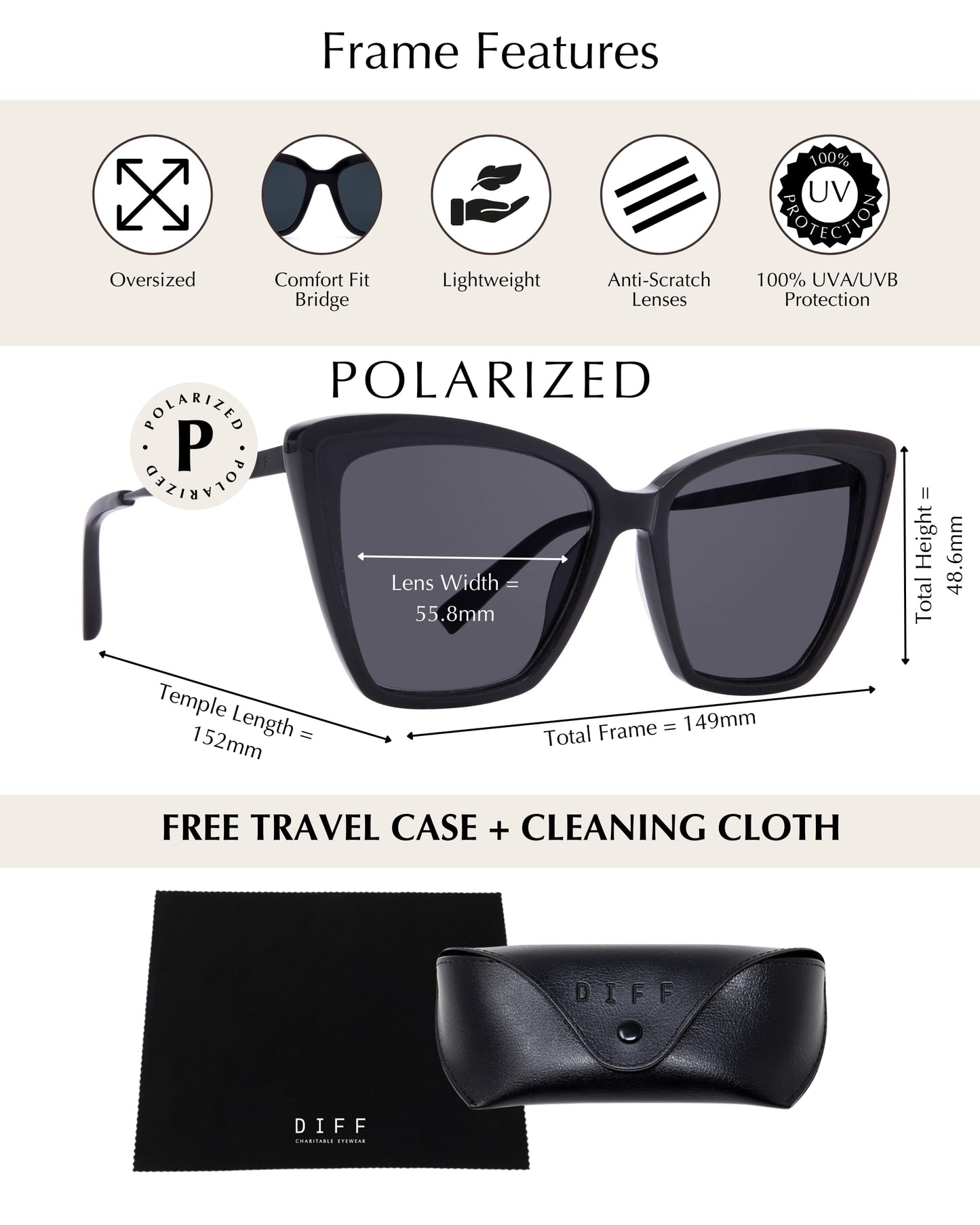 DIFF Becky II Oversized Cat Eye Sunglasses for Women | Black + Dark Smoke | 100% UV Polarized Protection