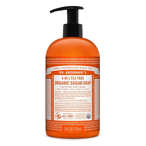 Dr. Bronner's - Organic Sugar Soap (Tea Tree, 24 Ounce) - Made with Organic Oils, Sugar and Shikakai Powder, 4-in-1 Uses: Hands, Body, Face and Hair