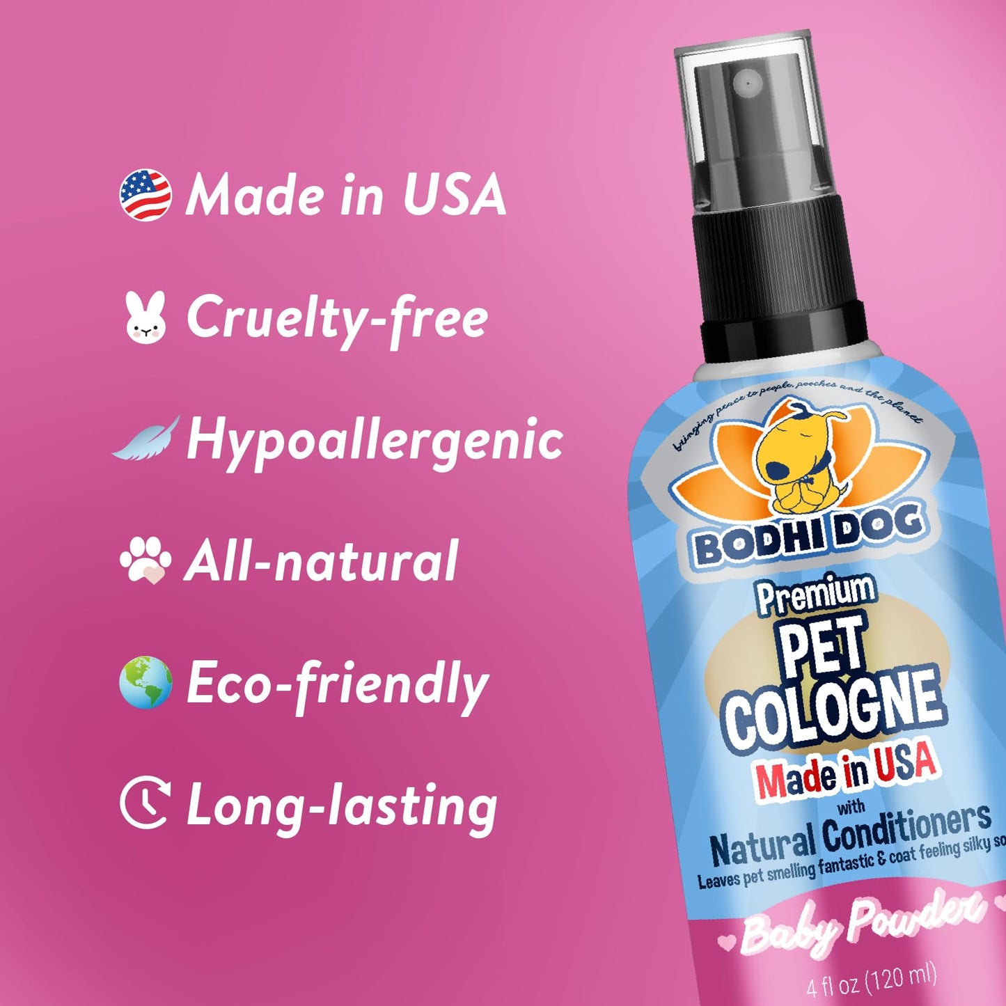 Bodhi Dog Premium Dog Cologne – Baby Powder Scent – 4oz Natural Long-Lasting Deodorizing Spray & Conditioner for Dogs & Cats – Made in USA