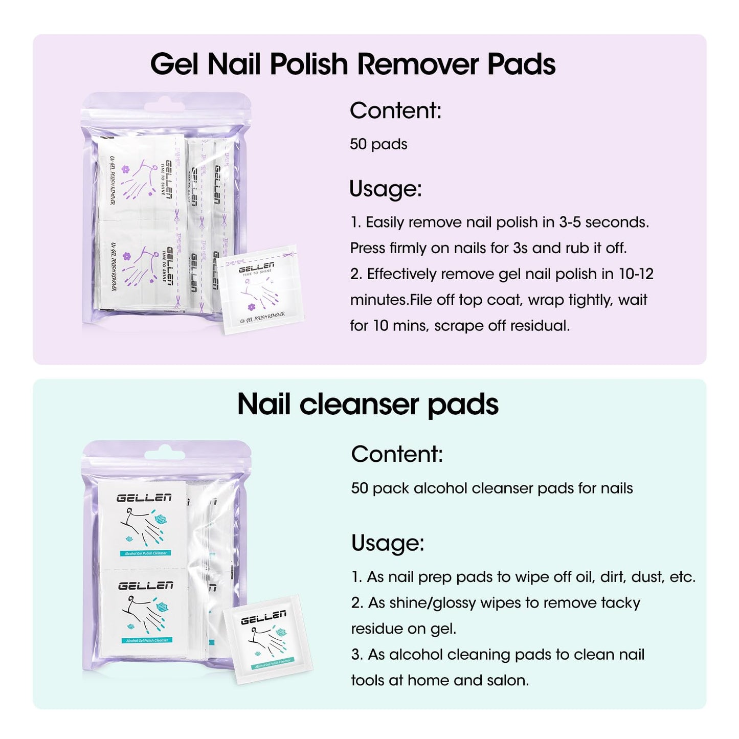 GELLEN Nail Cleanser Pads and Polish Remover Pads 100 Pack, Quick & Easy Beauty and Personal Care GELLEN