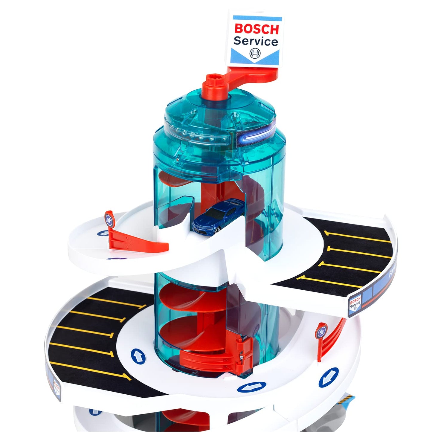 Theo Klein Bosch Car Service Helix Shaped Multi Story Parking Garage Pretend Playset Toy with 2 Toy Cars for Kids Aged 3 and Up