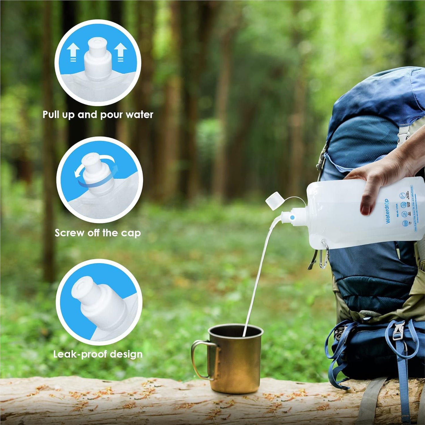 Waterdrop 16 oz Collapsible Water Pouch, Pack of 3, Hiking, Camping, Travel, BPA-Free, Reusable, Foldable