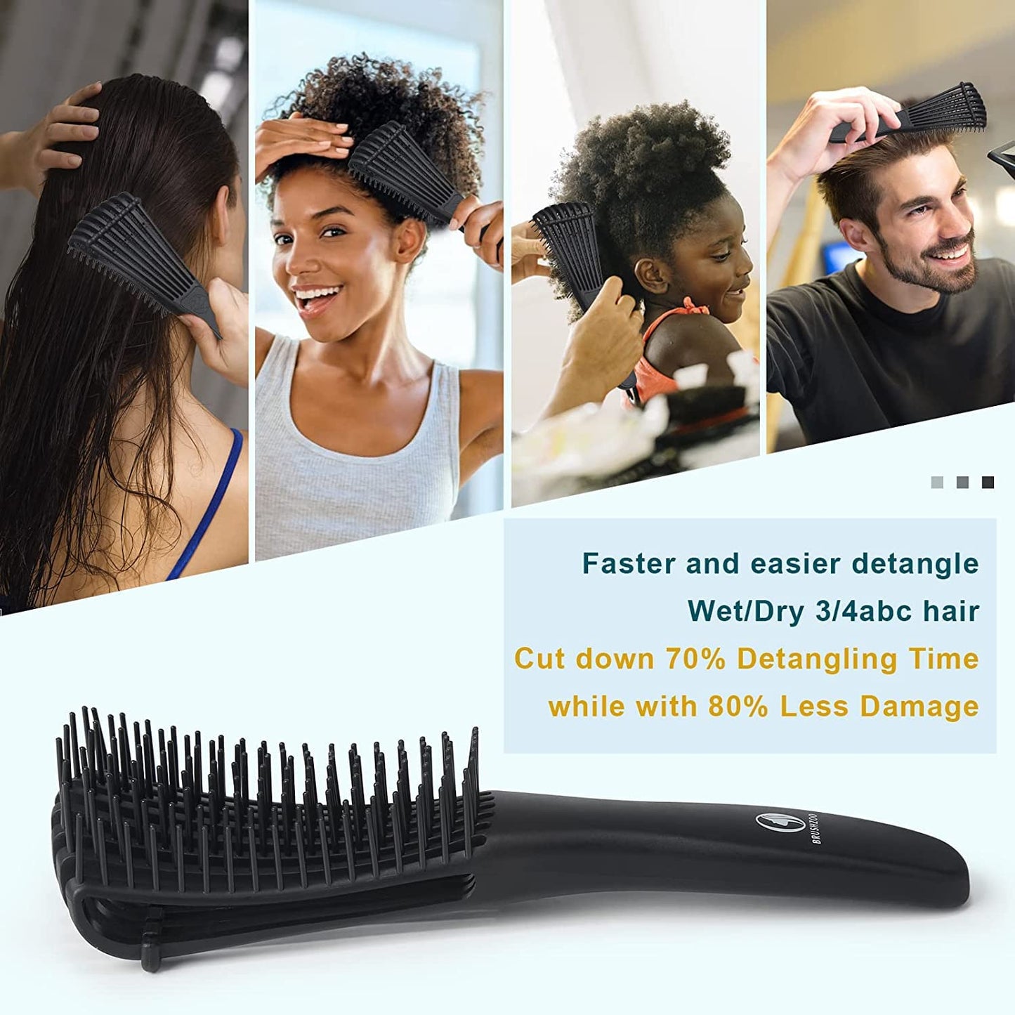 BRUSHZOO Hair Brush Set, Detangler Brush for Women Men Kid Detangling Styling Massaging, Curly Hair Brush for 3/4abc Wet Dry Hair (Black)