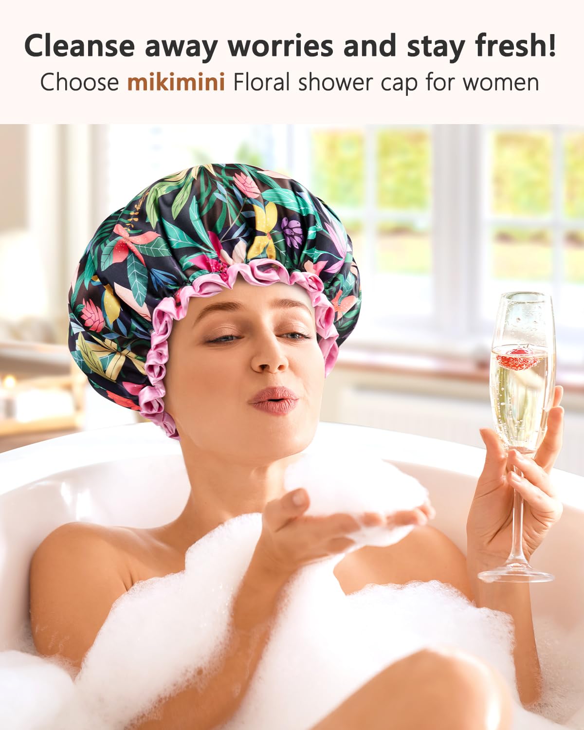 mikimini Shower Cap for Women and Grils,Pack of 2,Rainforest Bath Shower Caps with Pink Lace,Reusable Waterproof Shower Hat for Girls (Medium,Floral)