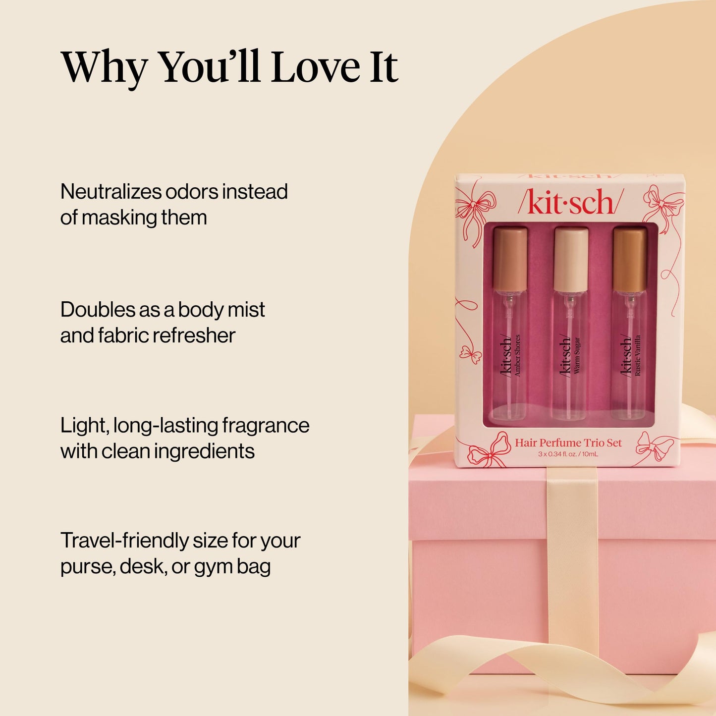 Kitsch Hair Perfume for Women - Trio Set | Clean, Deodorizing & Patented Odor-Eliminating Technology Hair Spray & Body Mist - Freshen Hair, Pillows