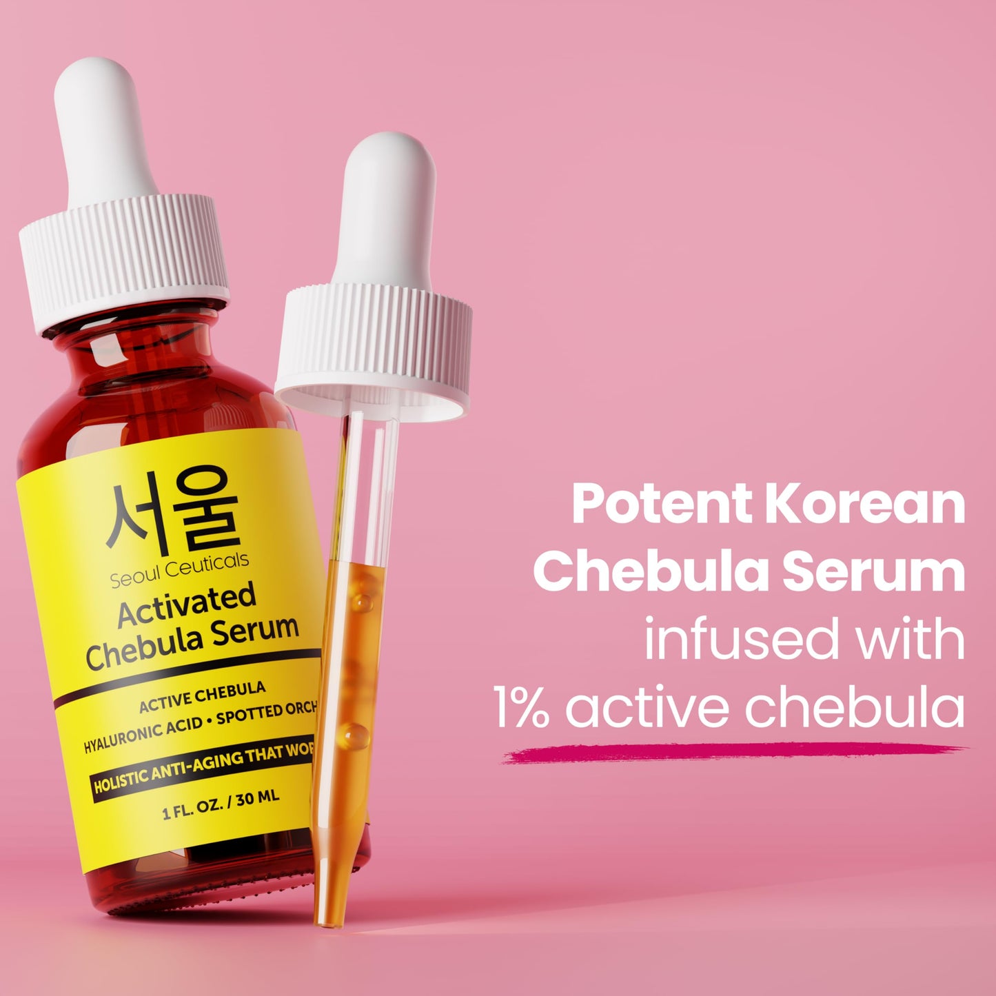 SeoulCeuticals Chebula Active Serum for Face - Korean Skin Care Anti Aging Natural K Beauty Skincare With Hyaluronic Acid + Spotted Orchid