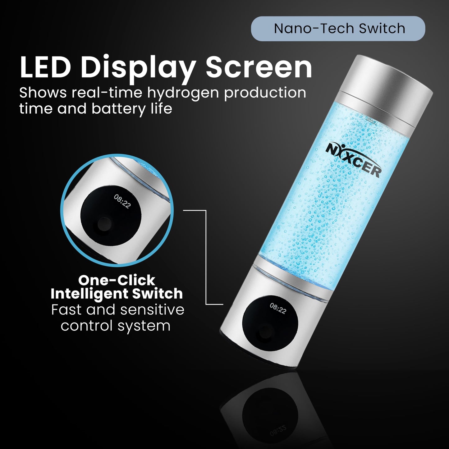 Nixcer Hydrogen Pro Water Bottle - 8000PPB H2, SPE/PEM, OLED Display, Dual Mode (5/10 Min), USB-C Rechargeable - Portable Hydrogen Generator