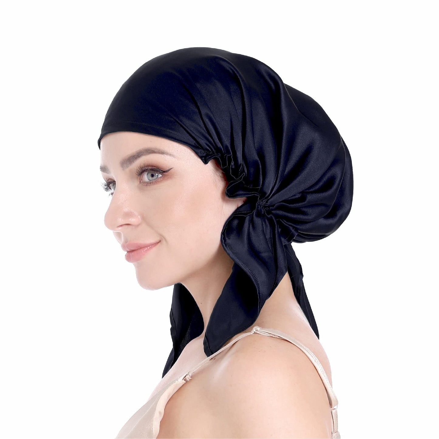 SissiLita Women's Silk Sleep Cap, Large Deep Royal Navy Hair Bonnet for Curly Hair, Moisture Wicking, Lightweight