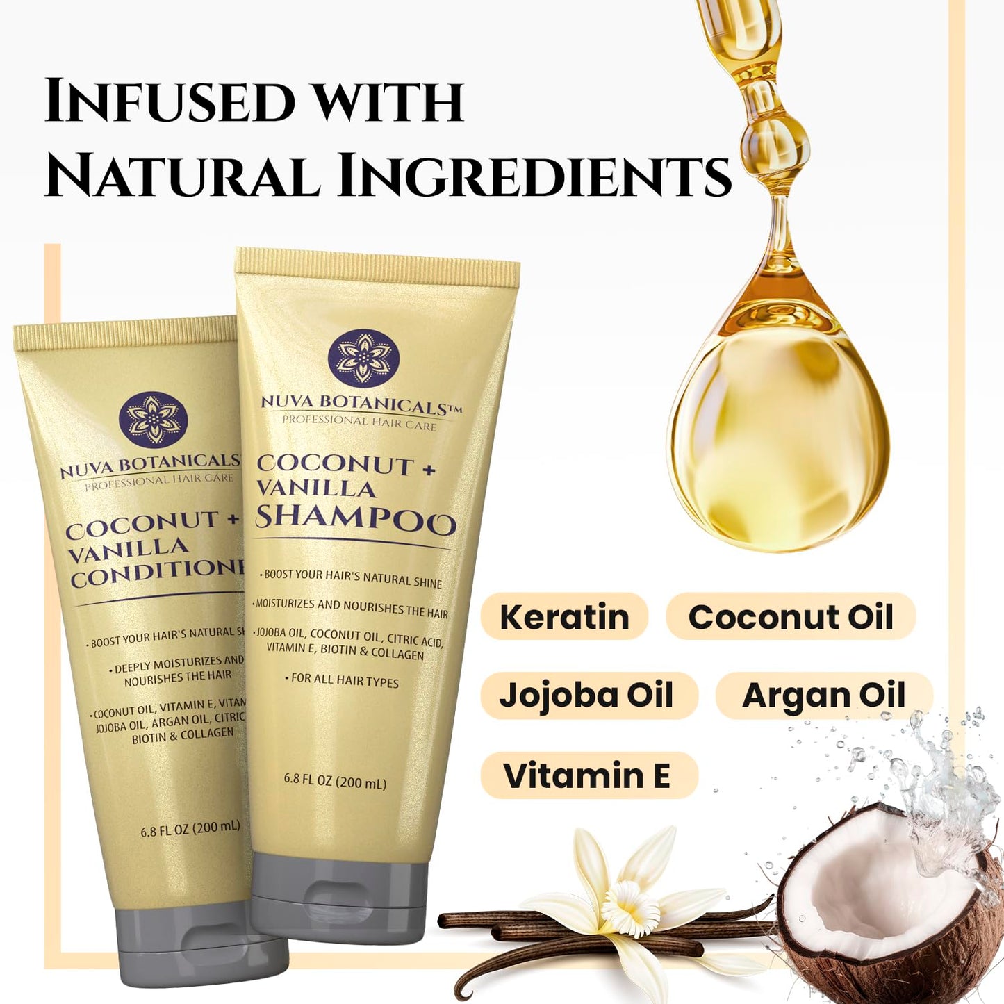 Nuva Botanicals Coconut Shampoo and Conditioner, Vanilla Shampoo and Conditioner with Biotin and Collagen- Moisturizing Shampoo and Conditioner Set