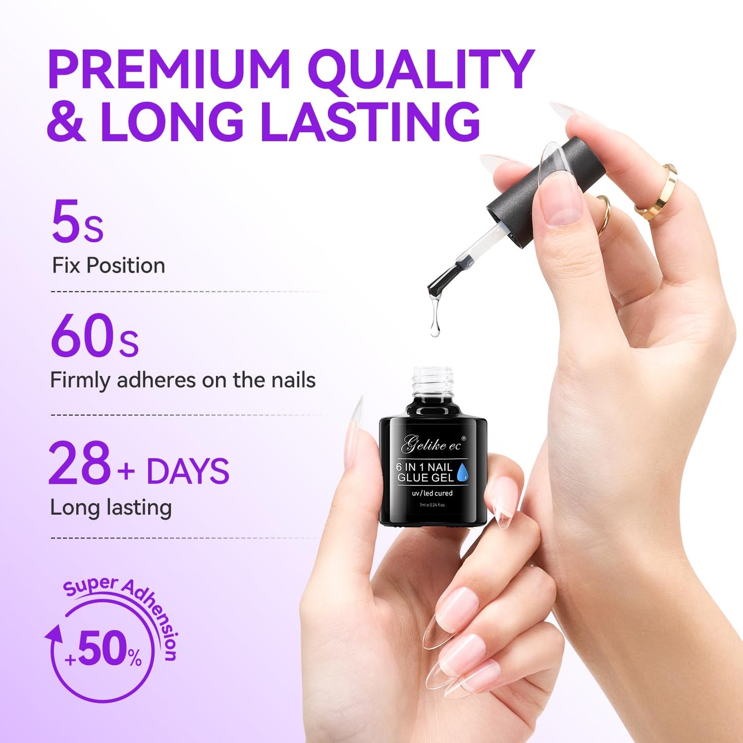 Gelike EC Gel Nail Glue for Press On Nails: 6 in 1 Strong UV Nail Glue for Nail Tips and Acrylic Fake Nail - Long Lasting 28 Days Quick Dry - Beginner