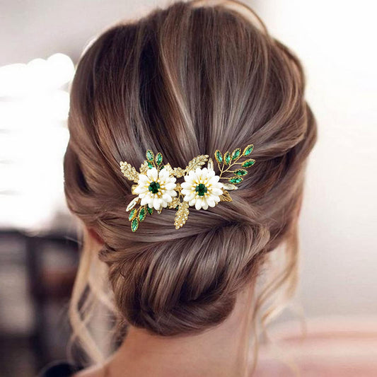 BETITETO Green Bridal Hair Clip White Enamel Flower Gold Leaf Crystal Wedding Hair Vine Piece Accessories for Women Girls (Green)