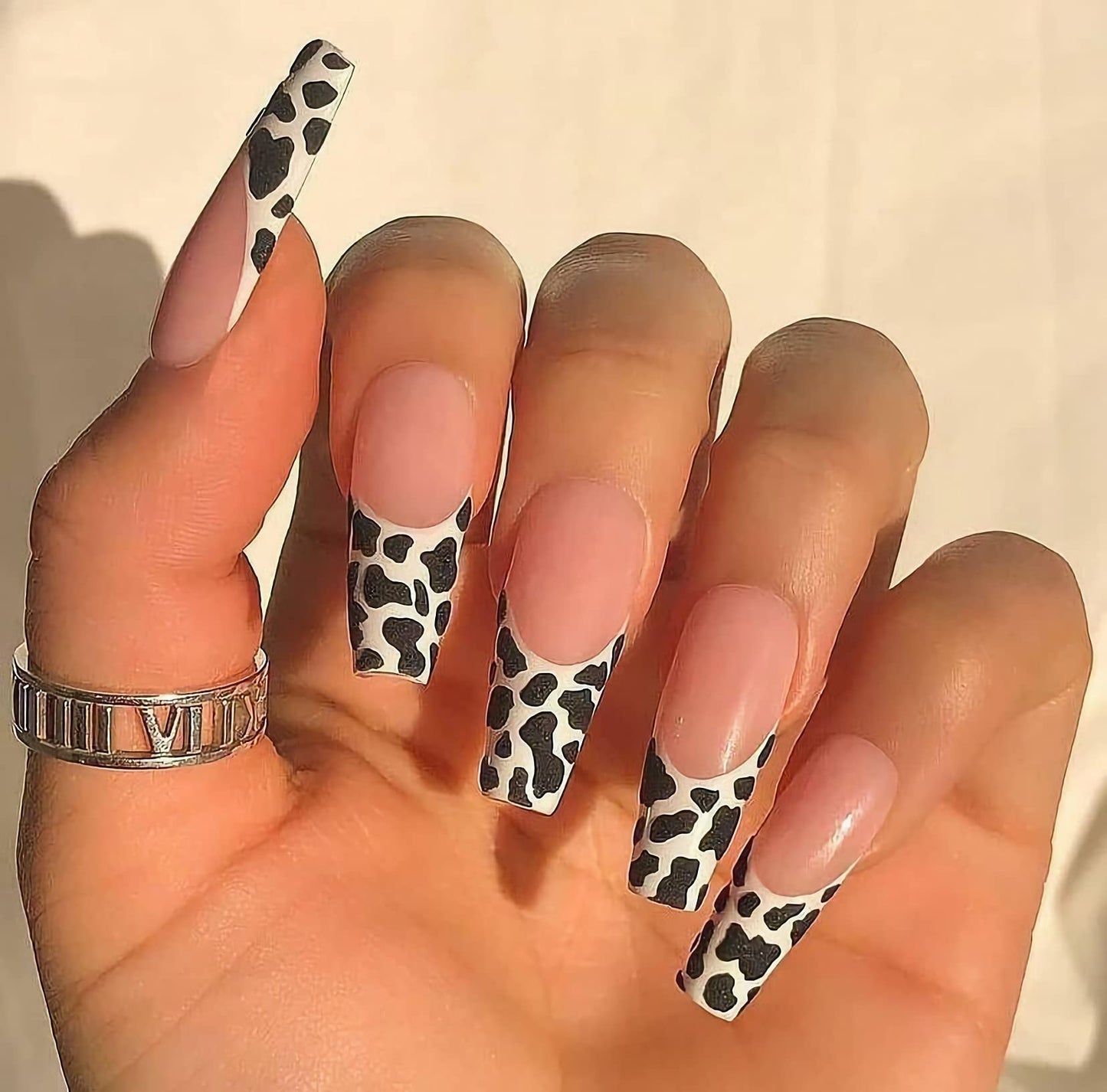 MISUD Press on Nails - Long Coffin Fake Nails with Cow Print, Acrylic French Tip Design 24 pcs