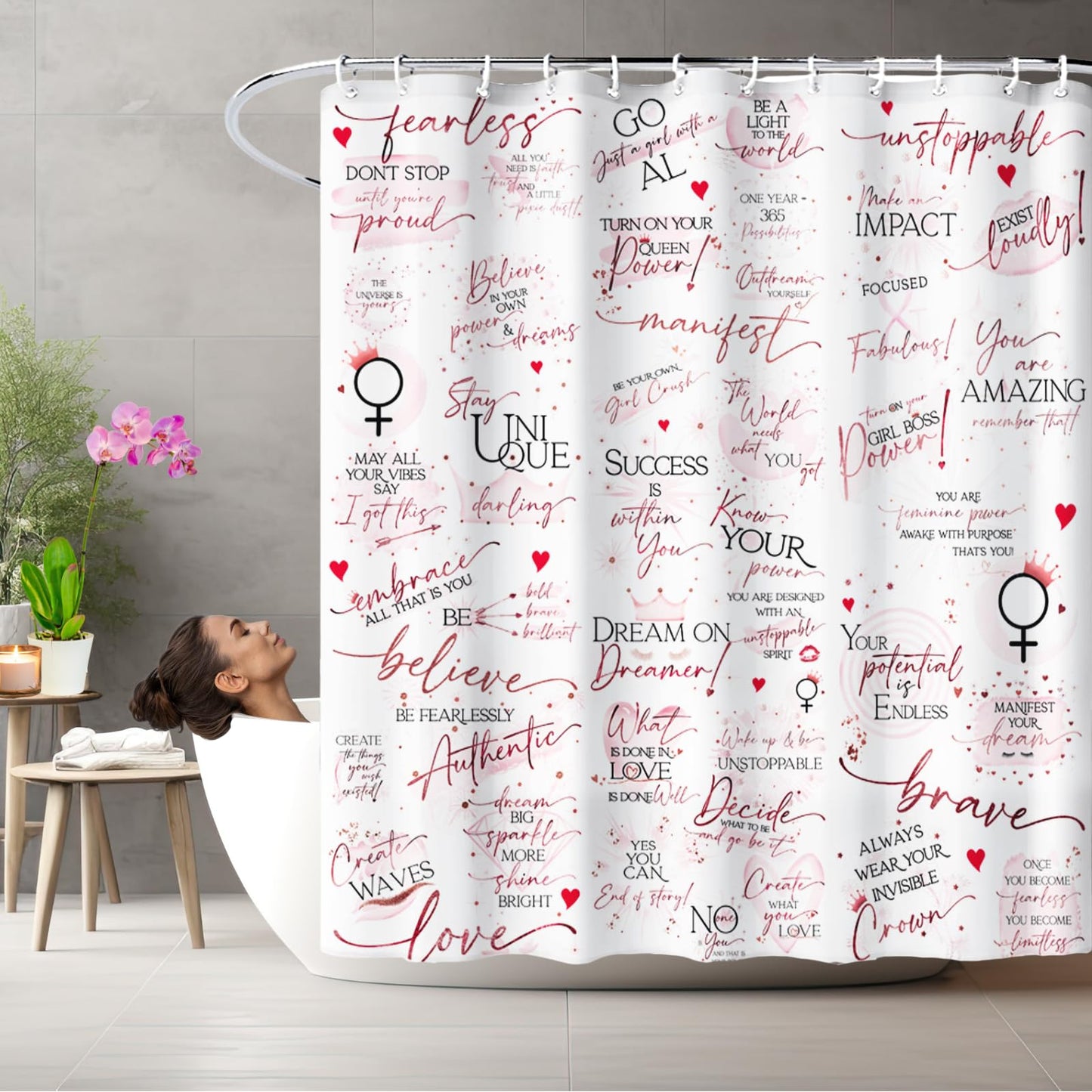 Girl Boss Motivational Shower Curtain - White with Rose Gold Quotes & Affirmations, Inspirational Bathroom Decor for Women, Empowerment Gift, 71" W x…