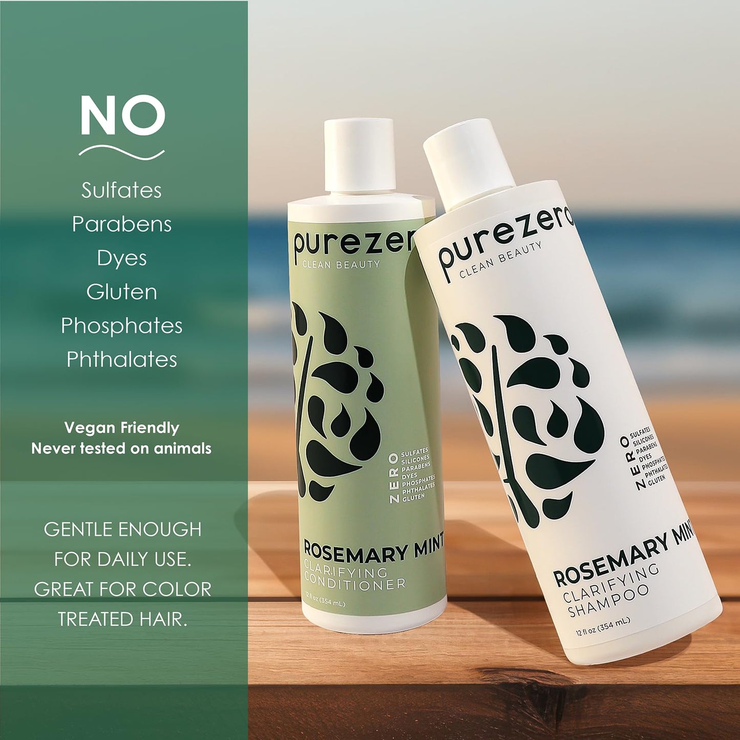 Purezero Rosemary Mint Clarifying Silicone Free Shampoo & Conditioner Set - Vegan Duo for Balanced Scalp, Build-Up Removal & Fresh Minty Finish