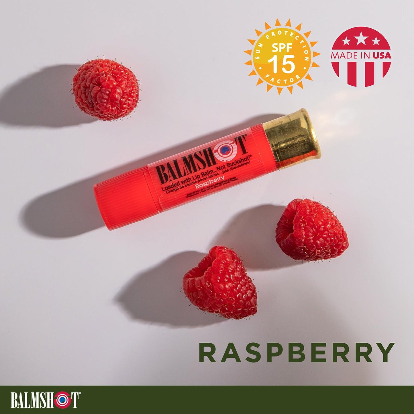 BALMSHOT Raspberry Lip Balm SPF 15 (4-Pack) - Beeswax Chapstick for Dry Chapped Lips, 20-Gauge Brass Shotgun Shell Tube, Heat Resistant, Long Lasting