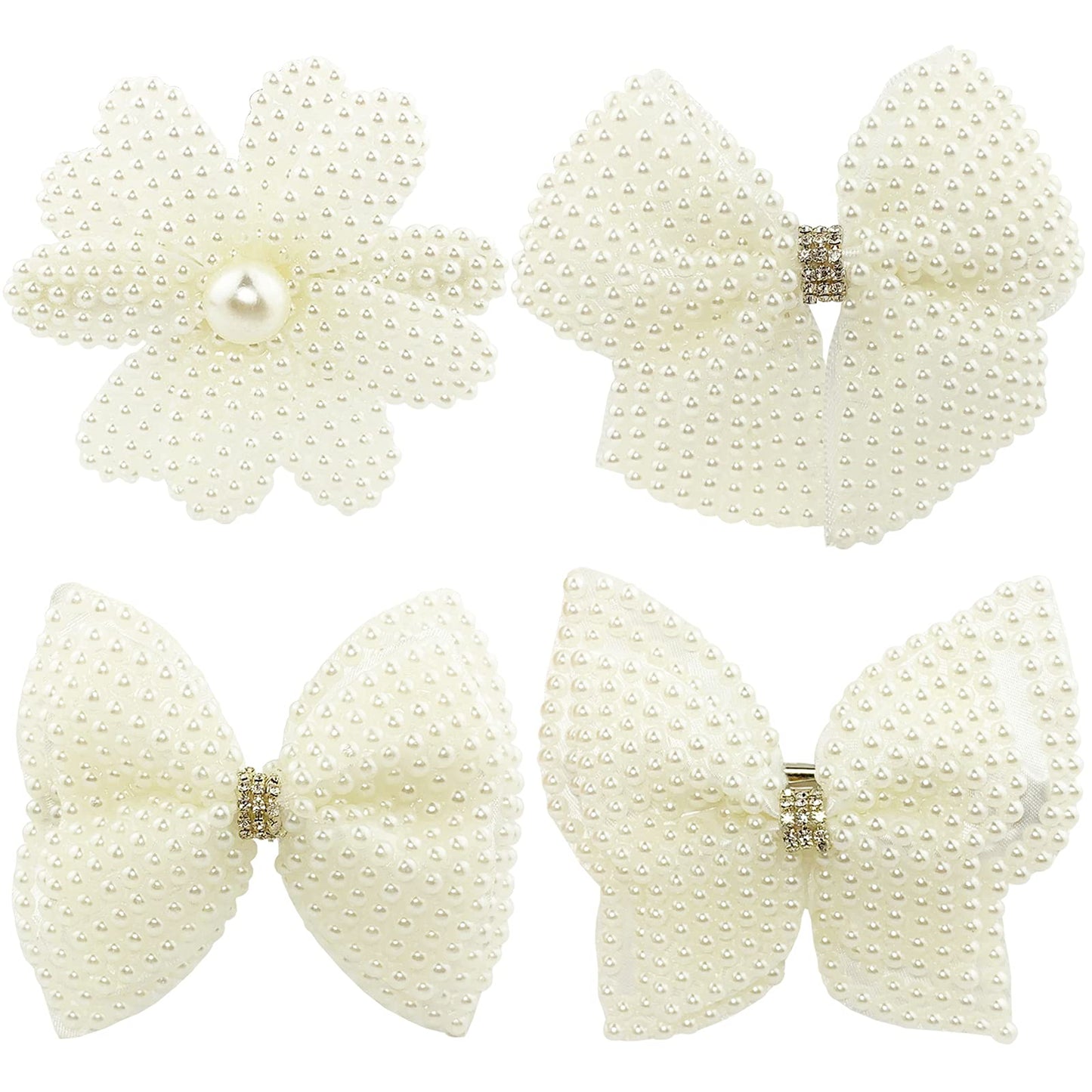 Pearls White Hair Bows for Girls, 4 Pieces Elegant Flower Rhinestone Alligator Hair Clips Beads Hairgrip for Women Teens