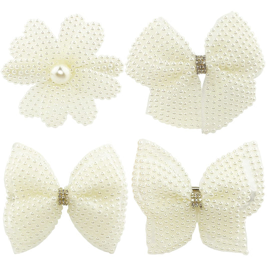 Pearls White Hair Bows for Girls, 4 Pieces Elegant Flower Rhinestone Alligator Hair Clips Beads Hairgrip for Women Teens