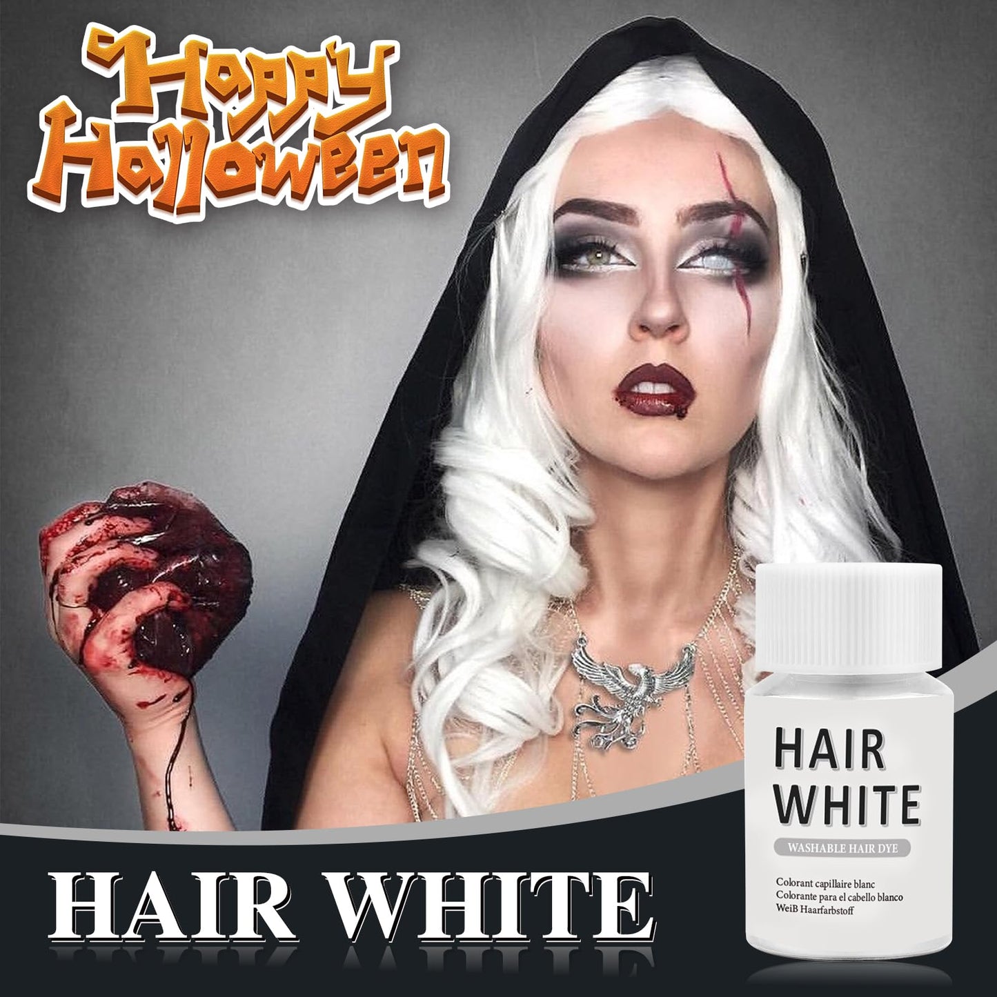 Makeup Hair White, Washable White Hair Dye for Cosplay, Halloween & Theatre - Non-Staining, Quick-Dry Formula, Idea for Dress Up Party, Santa Claus's