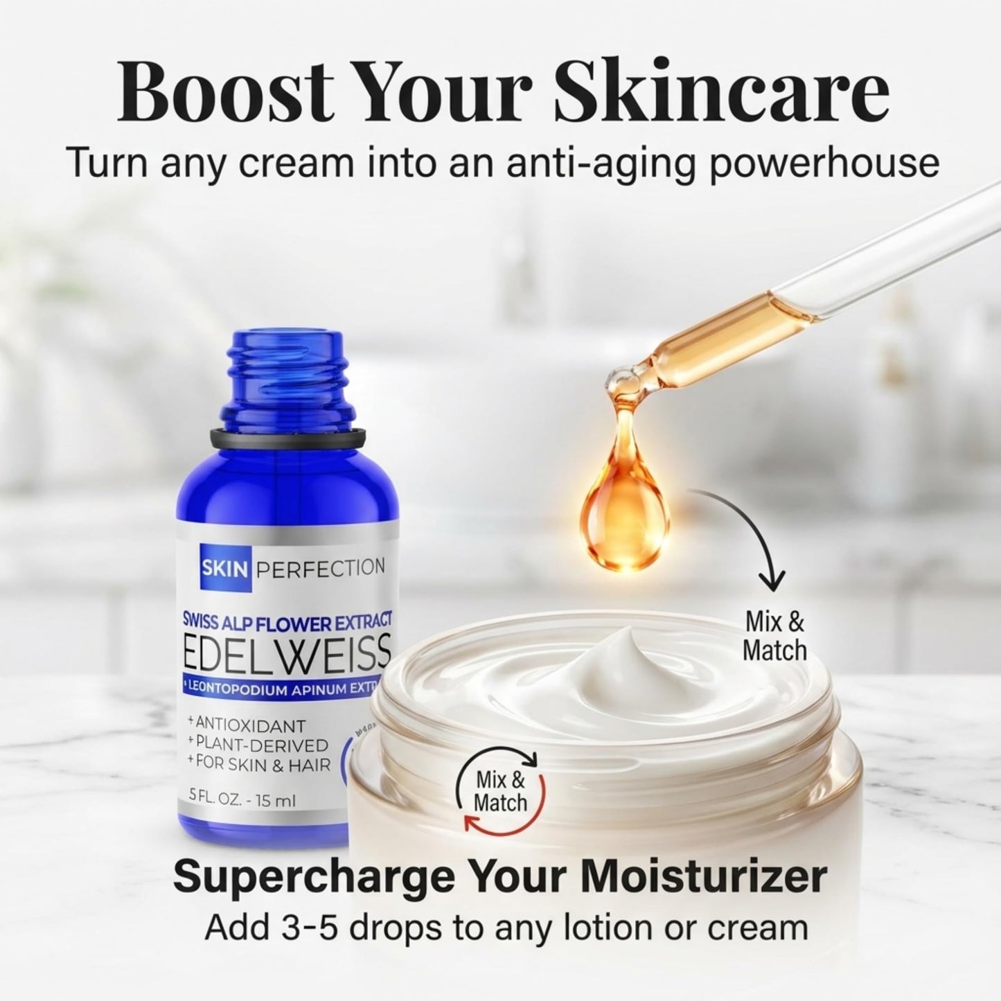 Skin Perfection Edelweiss Natural Derived Plant Antioxidant Extract Potent Anti-Aging Vitamin C Hydration Younger-Looking Skin Easy Add Dropper Make