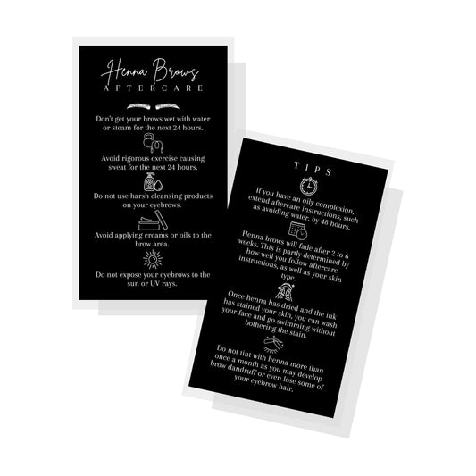 Brow Henna Aftercare & Tips Cards | Physical Printed 2 x 3.5” inches Business Card Size | Brow Artist Supplies | Henna Brow Care | Black and White