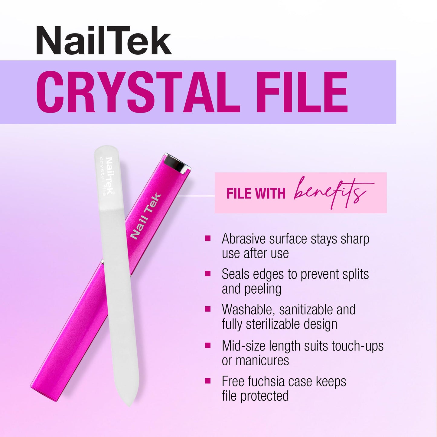 Nail Tek Crystal File - Glass Nail File with Case, Durable and Gentle for Healthy Nails and Cuticles - Travel-Friendly Design, Fuchsia, Medium 5"