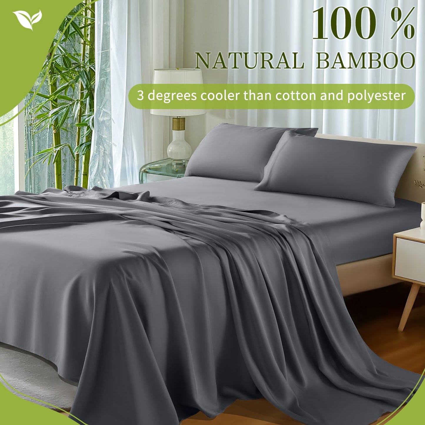 Shilucheng 100% Viscose Derived from Bamboo_ Sheets Queen Size 4pcs - Ultra Cooling & Silky Soft Bed Sheets, 16" Deep Pocket, Perfect for Hot