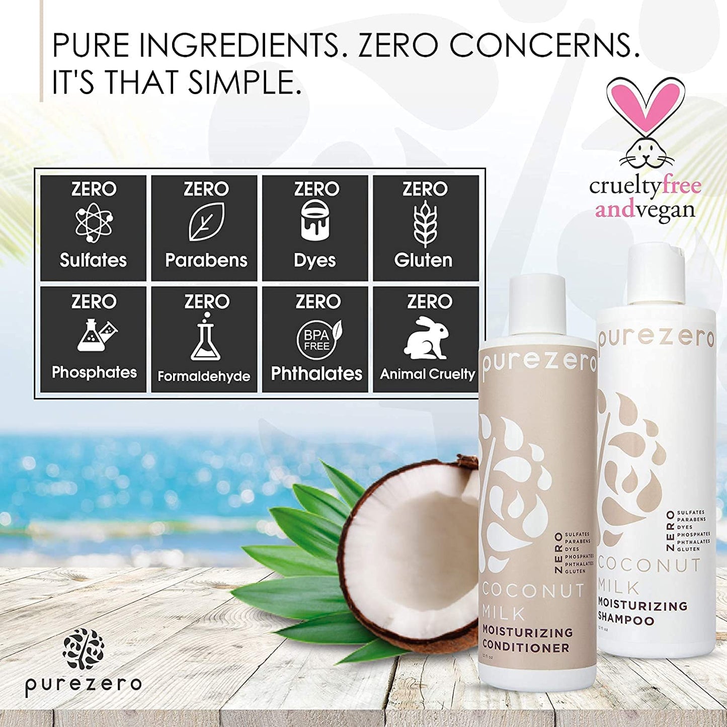 Purezero 20 Oz Value Pack Coconut Milk Shampoo & Conditioner Set, Bulk Pack, Intense Hydration & Increase Shine, Fight Dandruff & Frizz, Zero