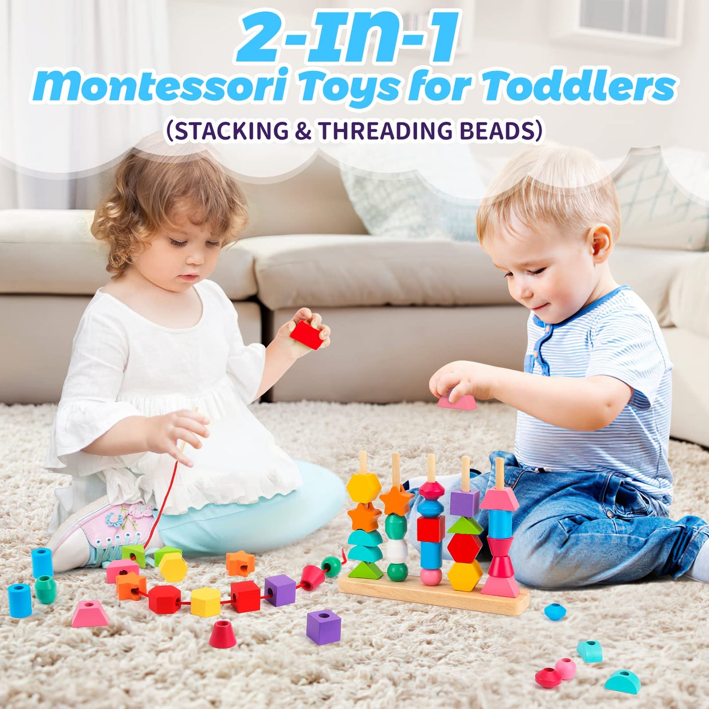 Montessori Wooden Beads Sequencing Toy Set | Stacking, Lacing & Shape Matching Blocks | STEM Learning Gift for Kids & Toddlers Ages 2–5