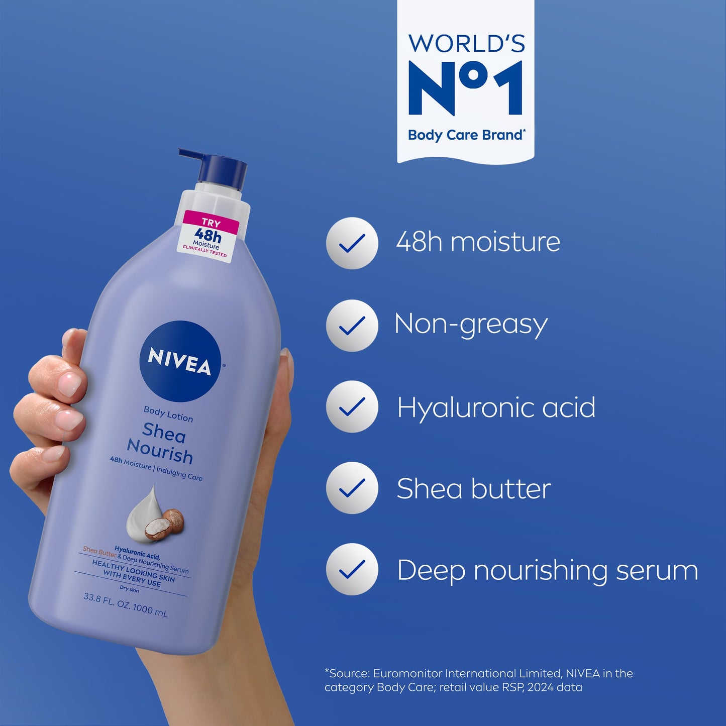 NIVEA Shea Nourish Body Lotion for Dry Skin with Hyaluronic Acid, Shea Butter and Deep Nourishing Serum, 48-Hour Body Moisturizer, 33.8 Fl Oz Pump